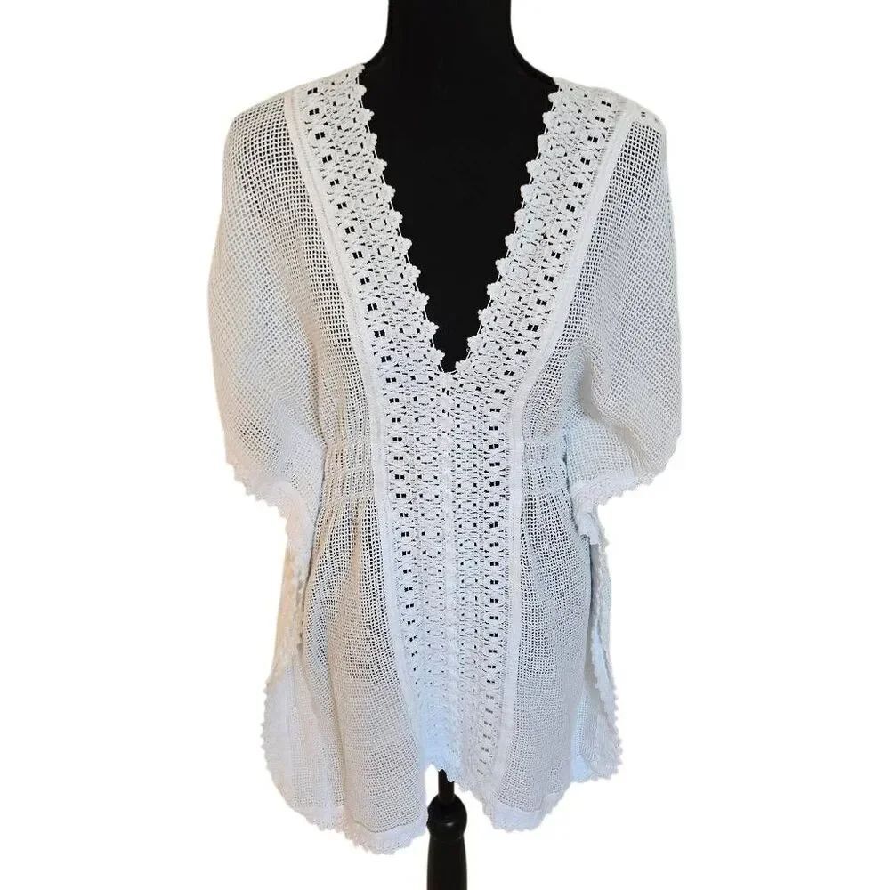 Seaspice Resort Wear Women's Smock Waist Crochet Beach Swim Cover-Up White XL